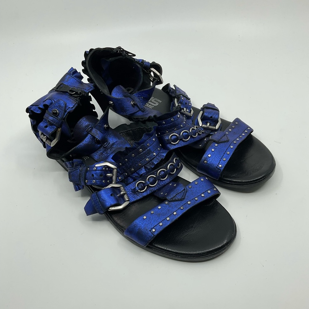 MJUS Prime Metallic Blue Leather Studded Gladiator Sandals